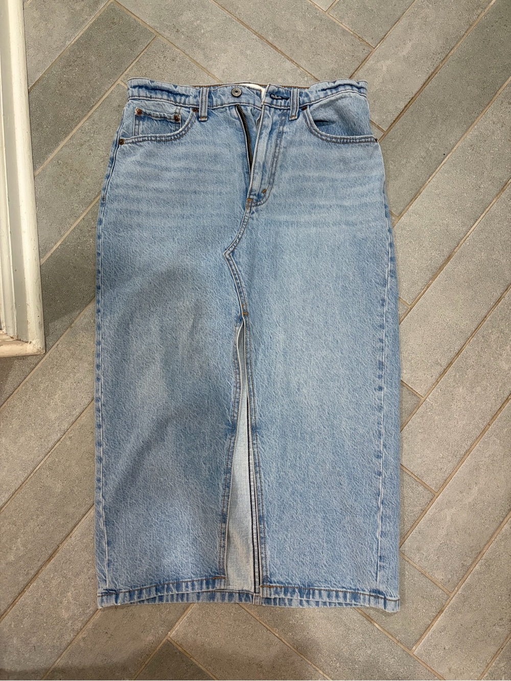 Abercrombie Light Blue Denim Midi Skirt with Front Slit